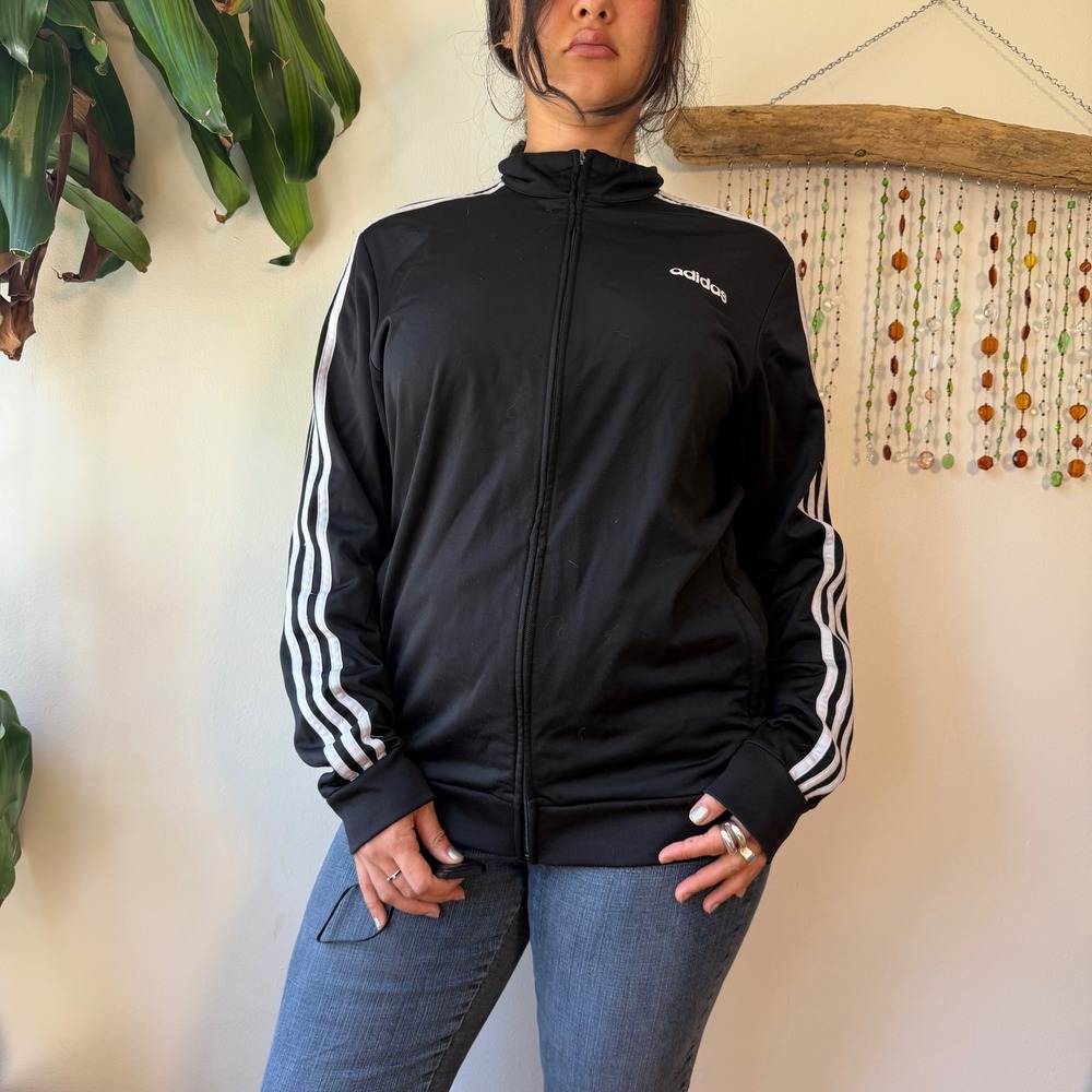 Adidas Women Black White Three Stripe Full Zip Track Jacket Large Mock Neck